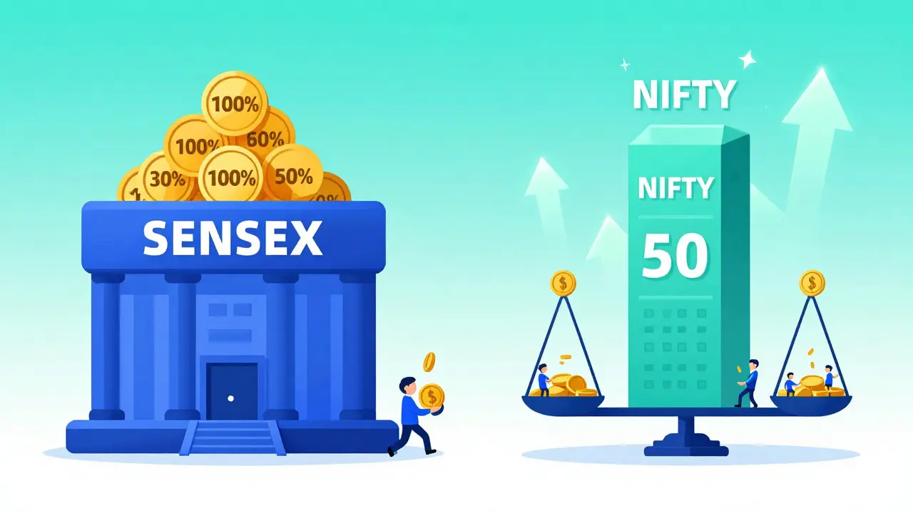 A bank building with full weight icons vs. a tower with only partial weight, symbolizing SENSEX and NIFTY 50's calculation methods.