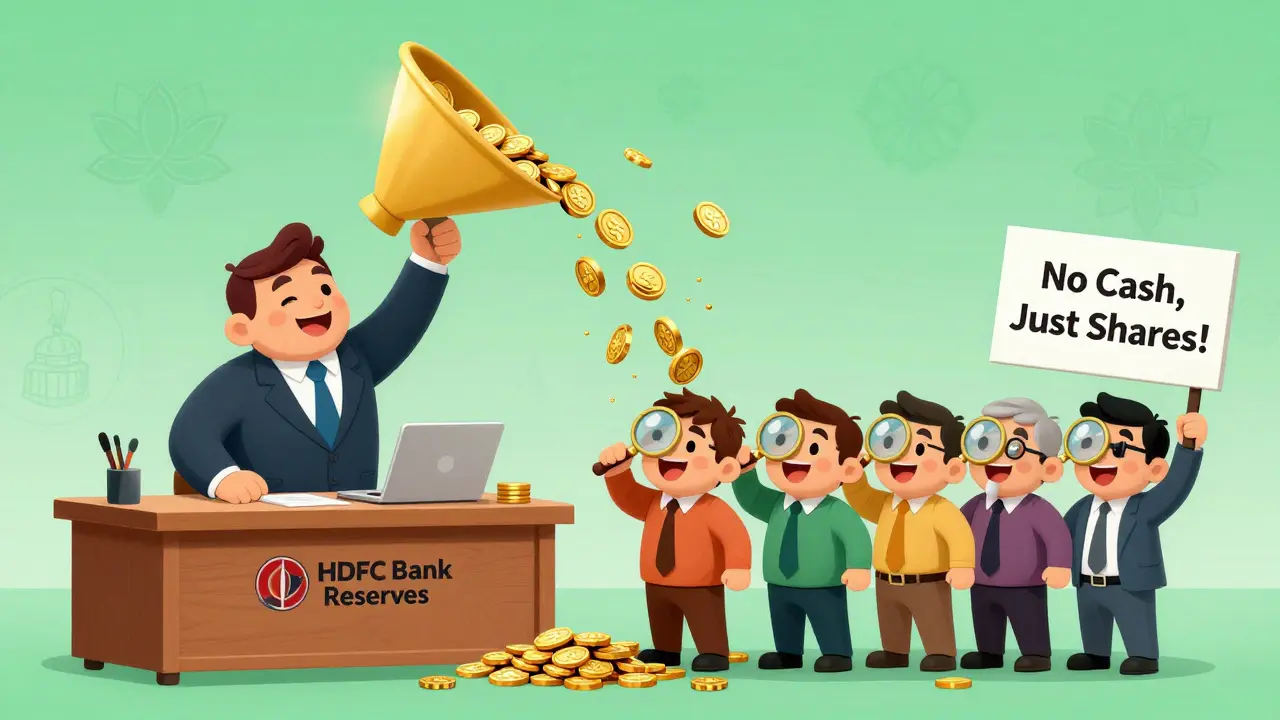 A company executive pours reserves into a funnel that turns into bonus shares raining down on happy shareholders.