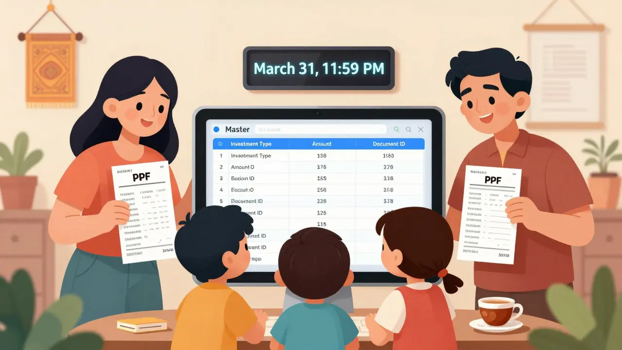 A family reviewing a digital spreadsheet of Section 80C investments, holding scanned receipts, with a clock showing deadline time.