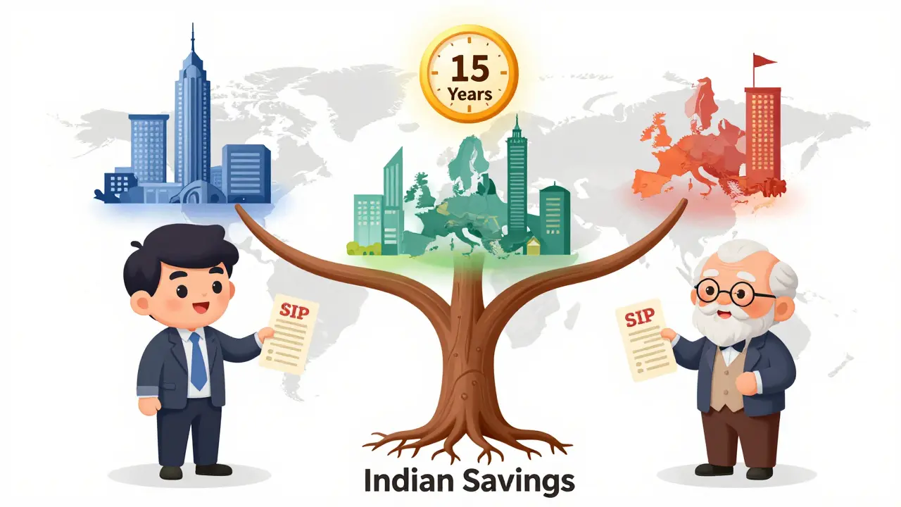 A global family tree grows from Indian roots, connecting to U.S., Europe, and Asia, with two generations holding SIP receipts.