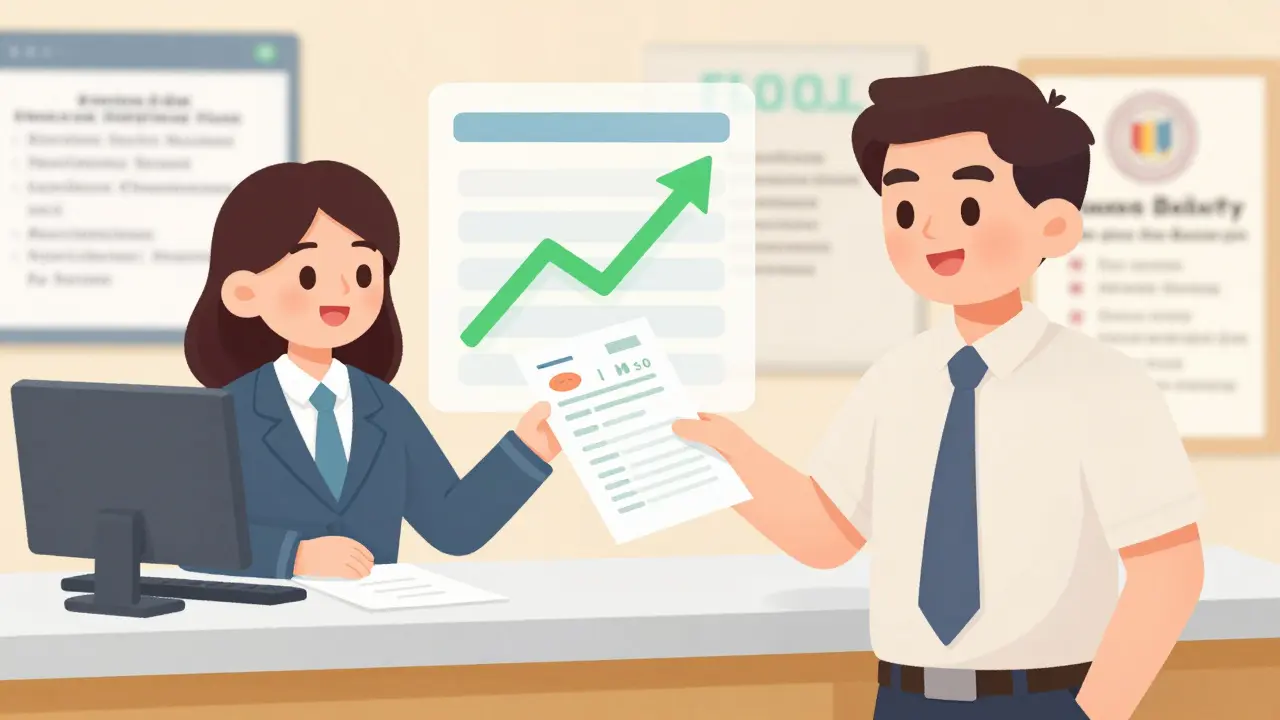 A parent submits an itemized tuition receipt to a school official, with tax deduction visualized in the background.