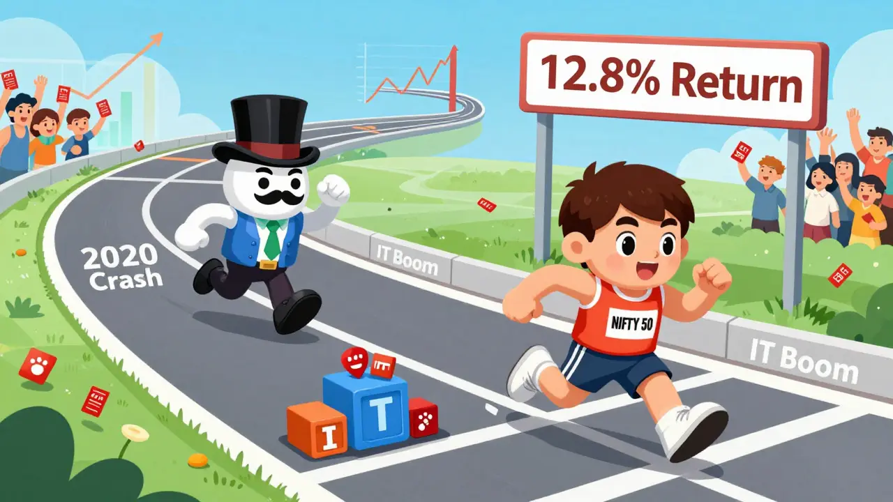 A race between SENSEX and NIFTY 50 mascots over a 10-year track, with IT and banking obstacles along the path.