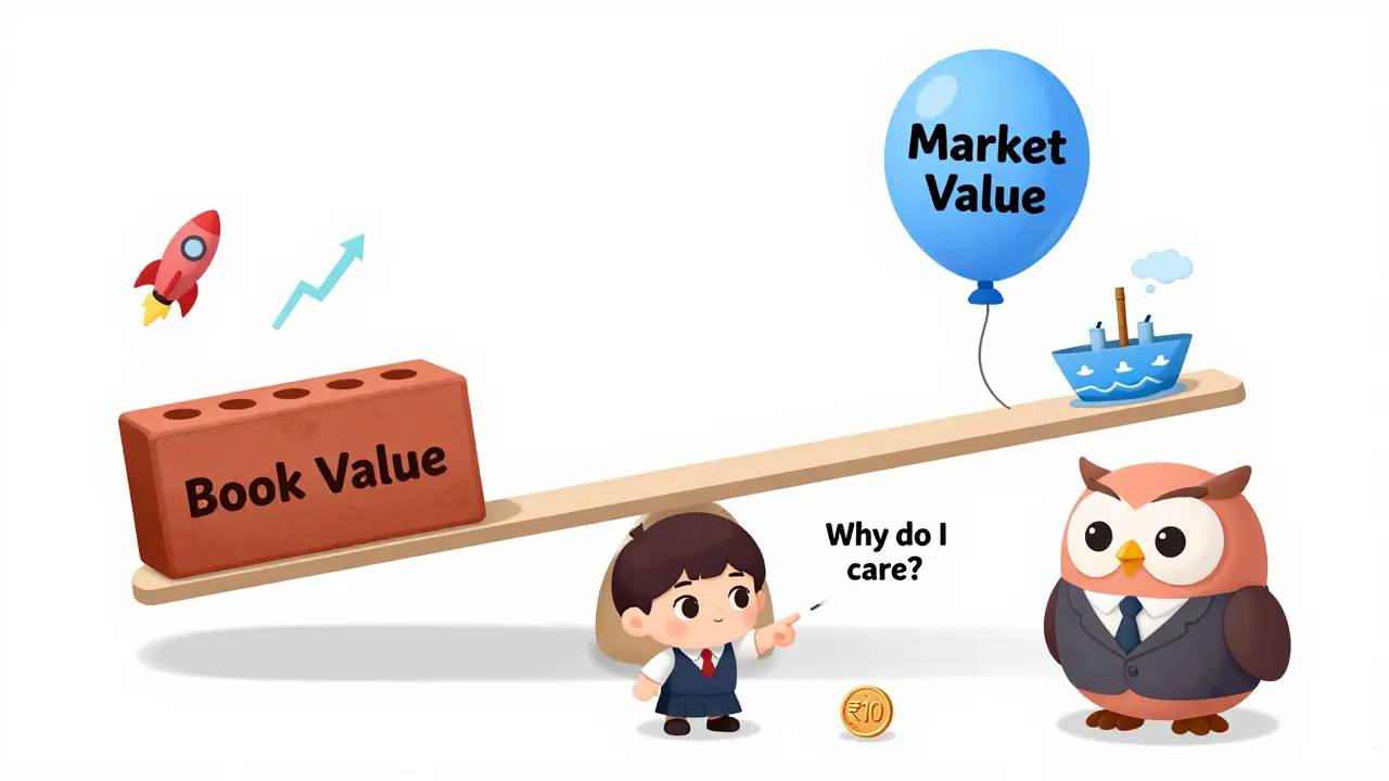 A seesaw balancing book value and market value, with a child questioning the relevance of face value.
