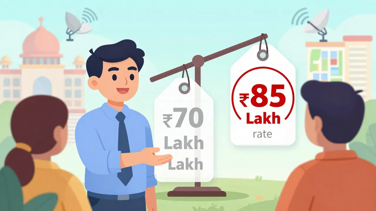 A seller gives a key to a buyer as two price tags appear, one lower and one higher, with government buildings in the background.