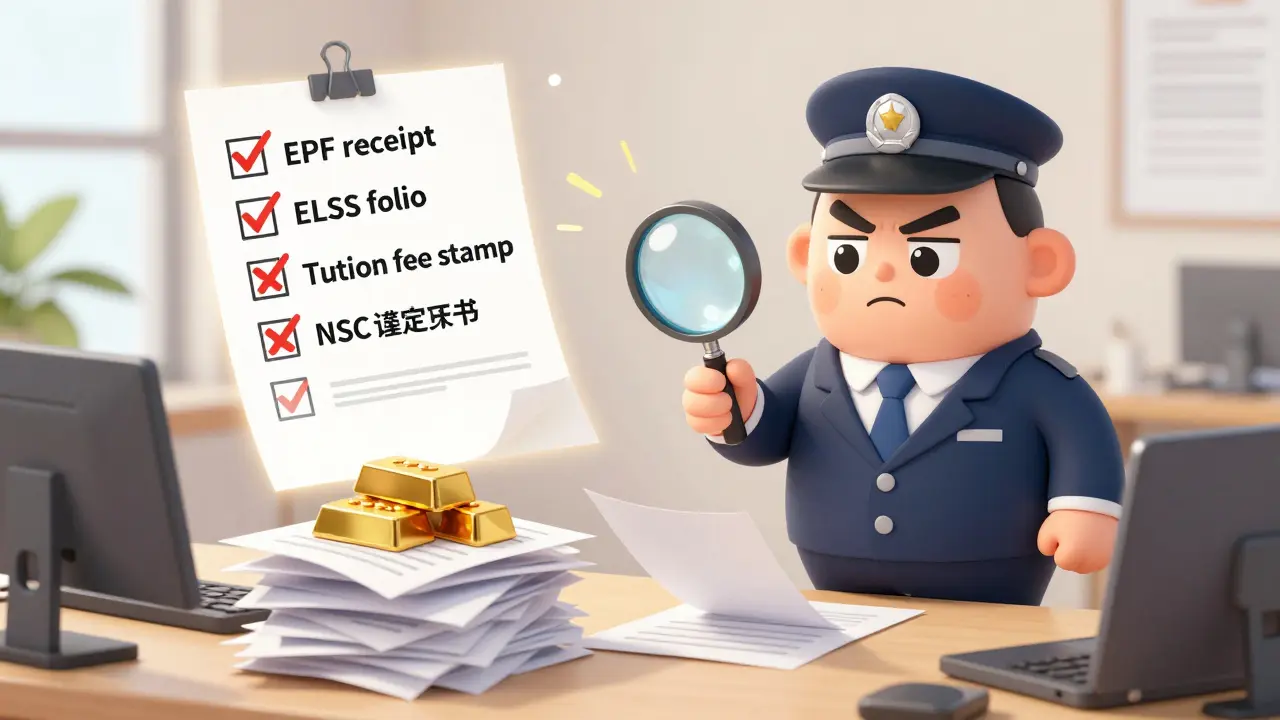 A taxpayer facing a tax inspector with a checklist showing valid and invalid Section 80C documents in a bright office scene.