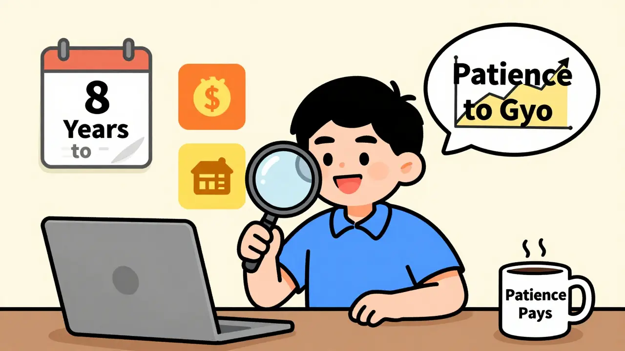 A young investor comparing two mutual funds using a magnifying glass and calendar.