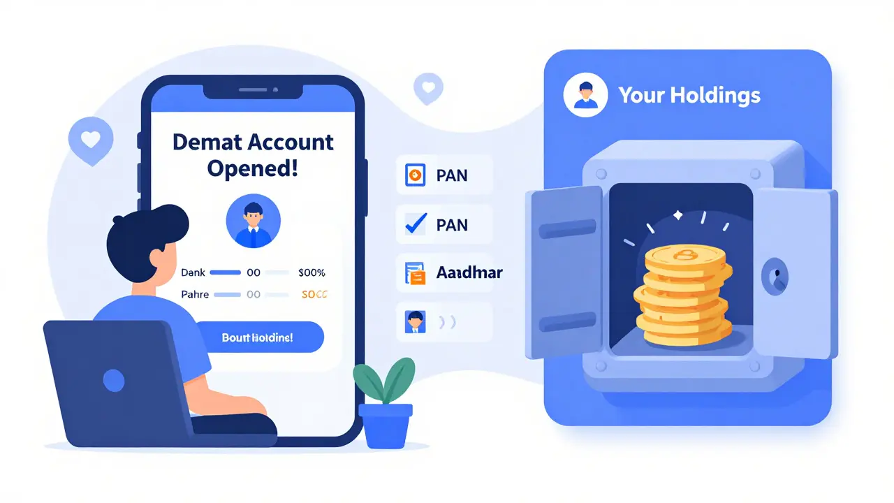 A young investor opening a Demat account on a laptop, with bank transfer and share deposit visuals, and required documents floating nearby.