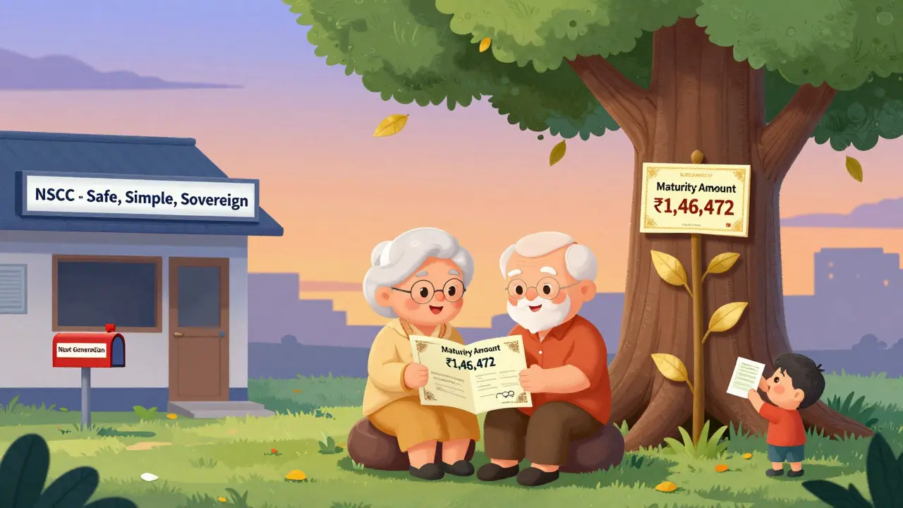 An elderly couple celebrating NSC maturity under a tree with a growing certificate.