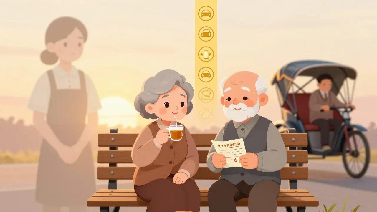 An elderly couple enjoys retirement, with their younger selves shown as informal workers who enrolled in APY.