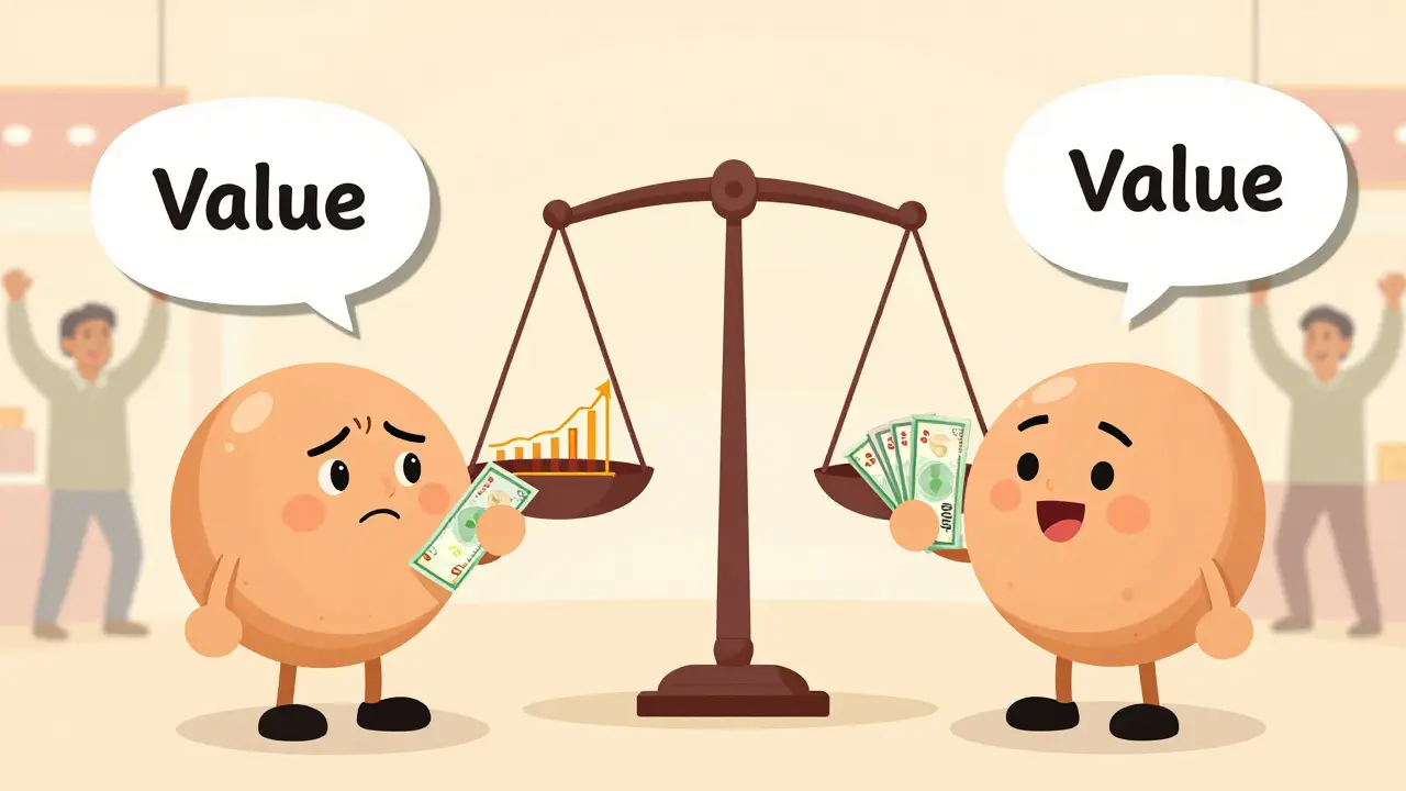 An investor compares one high-value note to five smaller ones, with a balance scale showing equal market value after a stock split.