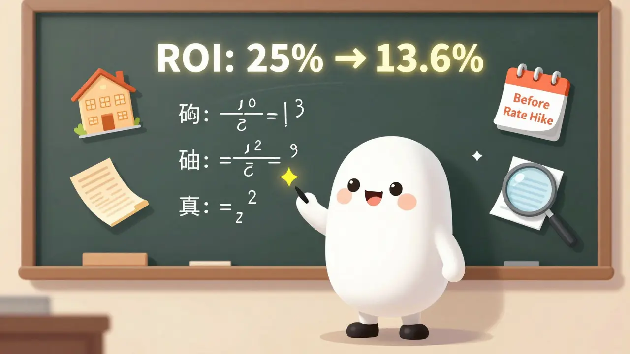 An investor stands at a chalkboard showing reduced ROI due to stamp duty, with calendar and audit icons around them.