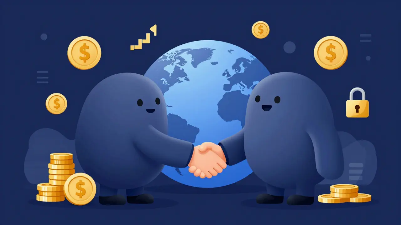 Cartoon characters shaking hands over a globe representing safe trading.