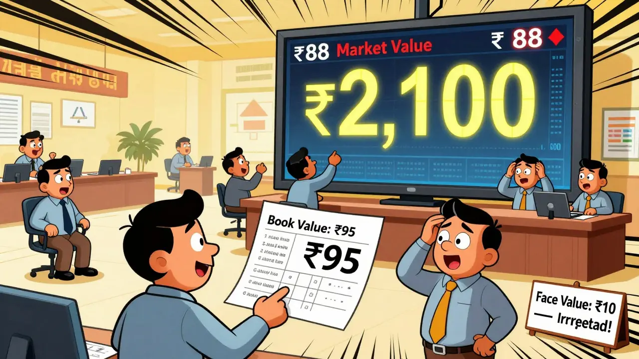 Cartoon traders reacting to a volatile stock price screen while a calm investor compares book value to market chaos.