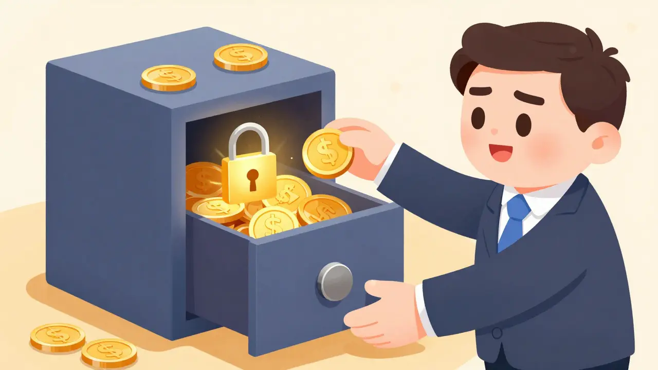 Character pledging shares into a secure lockbox as collateral for trading.