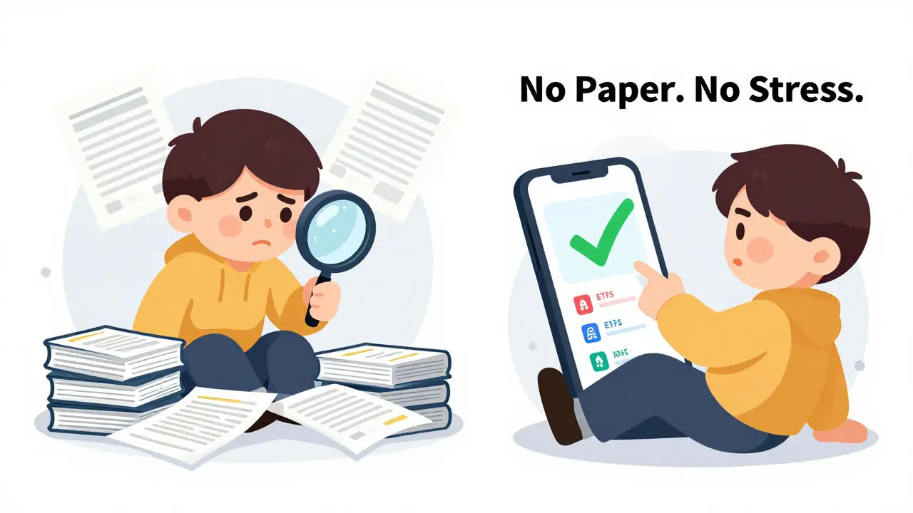 Contrast between chaotic paper stock certificates and a calm person viewing a clean digital portfolio on a phone screen.