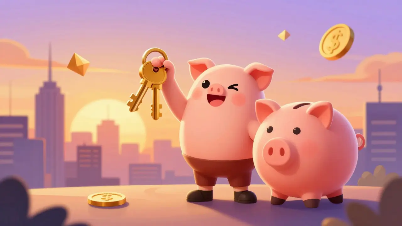 Happy cartoon buyer holding keys with a piggy bank nearby