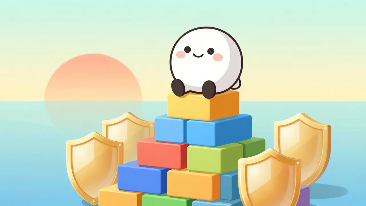 Happy character on block pyramid surrounded by golden shields.