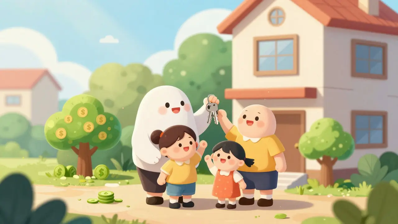 Happy family holds keys outside a new building with growth plants.