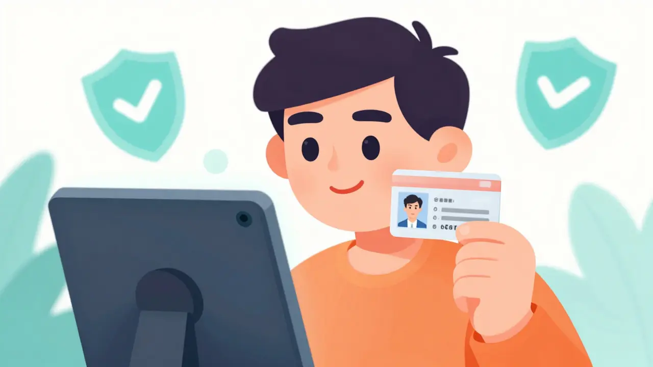 Illustrated person holding ID card for video verification process.