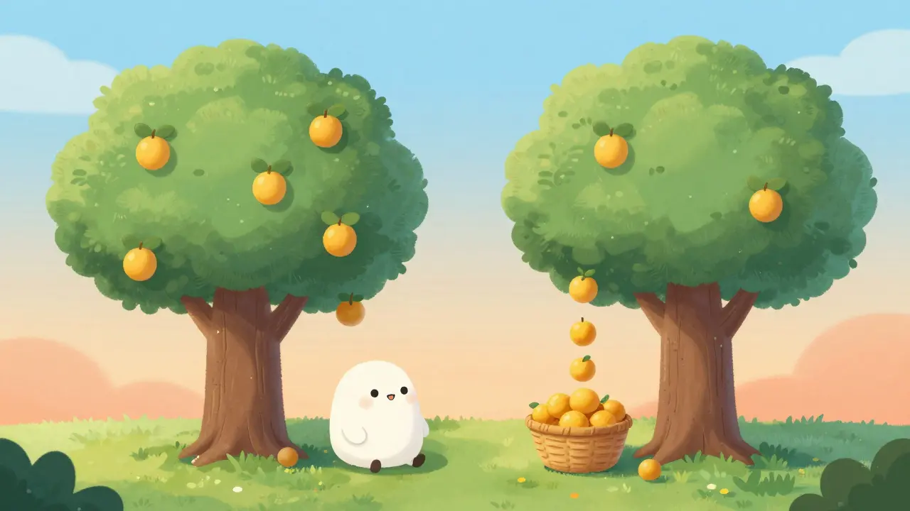 Illustration of a growth tree and a dividend tree with falling fruit