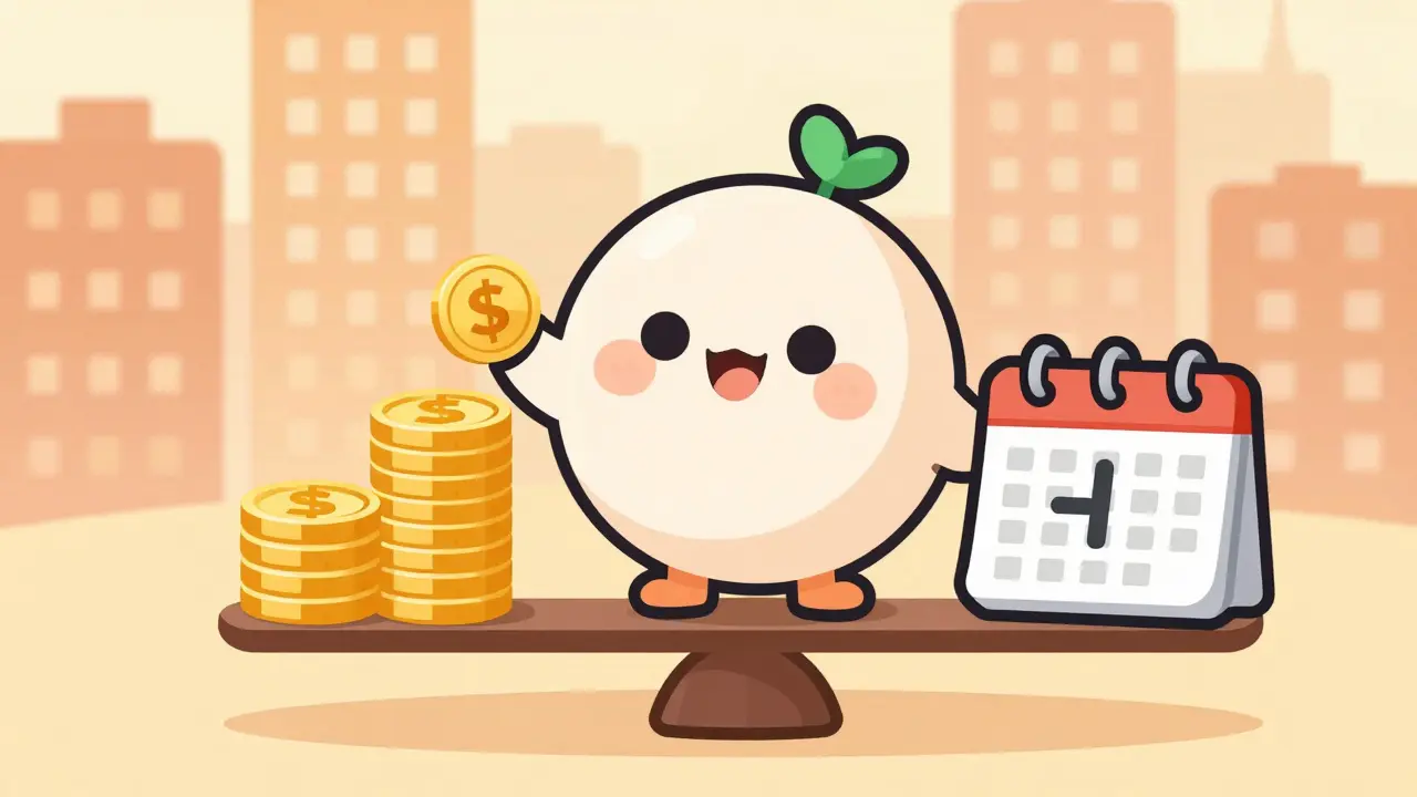 Illustration of scales balancing coins and a calendar near a city skyline.