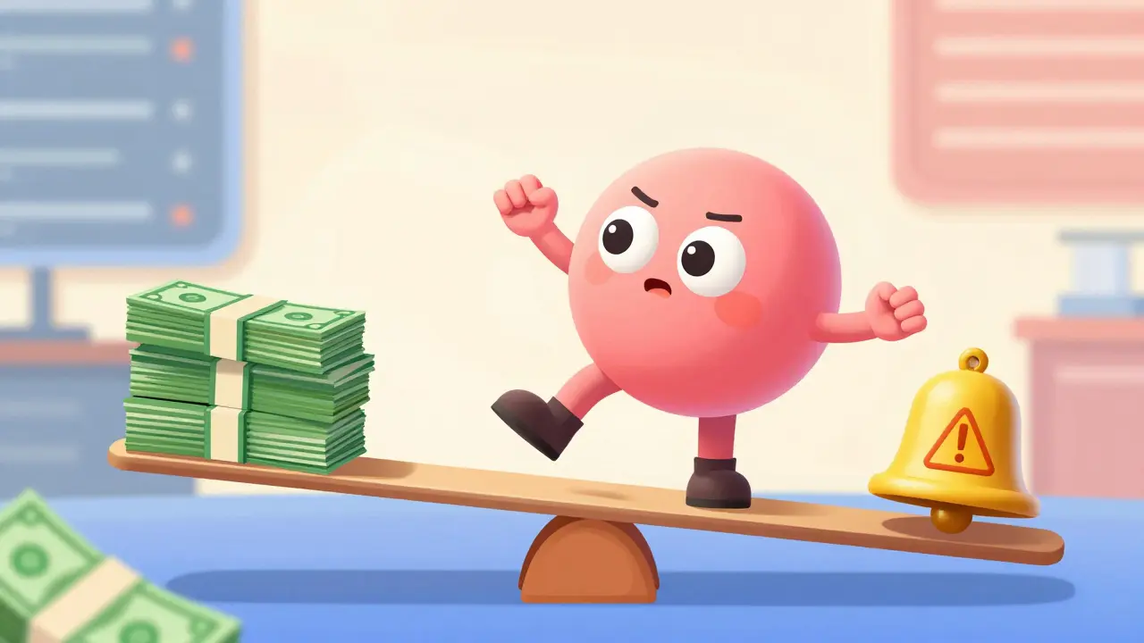 Investor balancing on a seesaw representing leverage risks and market volatility.