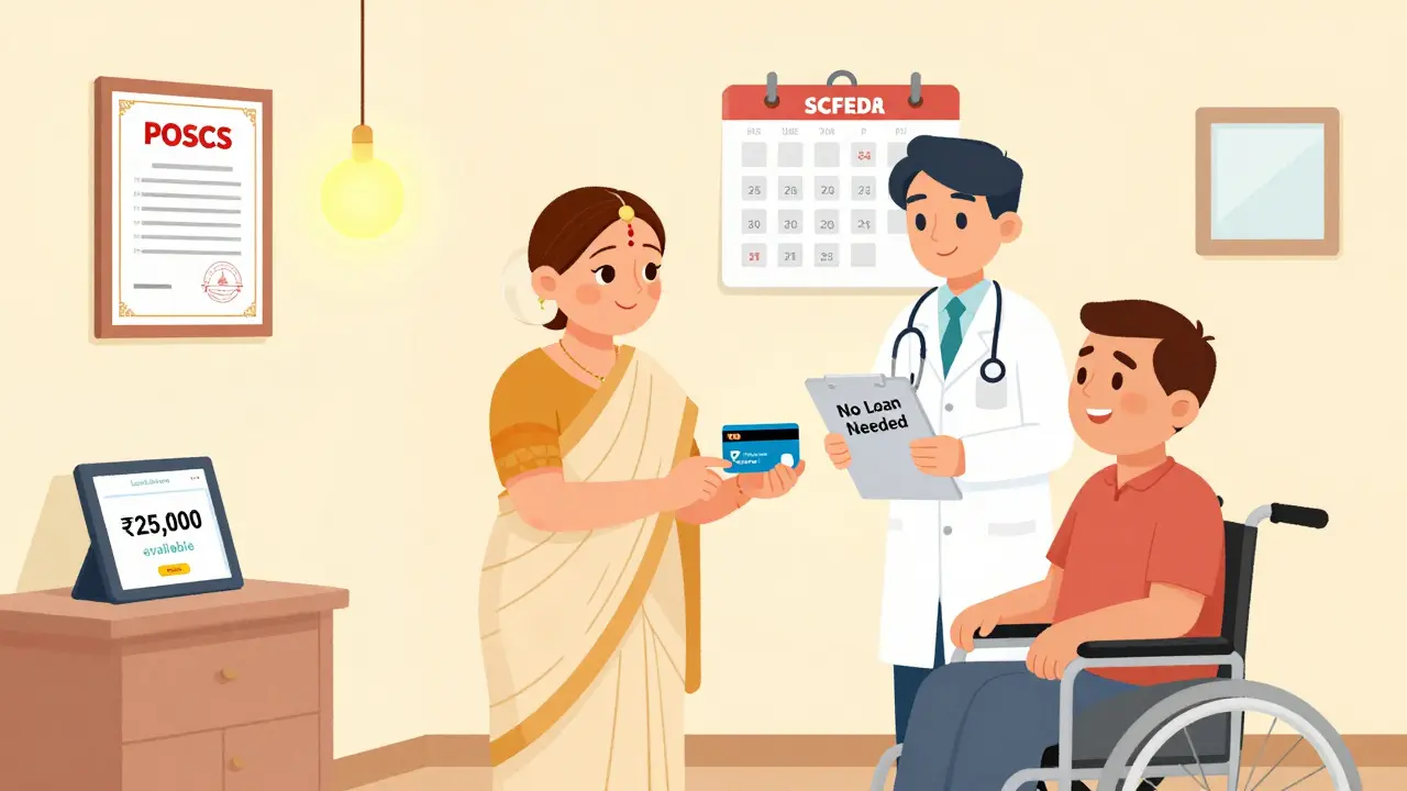 Mrs. Meena paying hospital bill with savings card while POSCSS and SCFD certificates glow nearby, no loans needed.