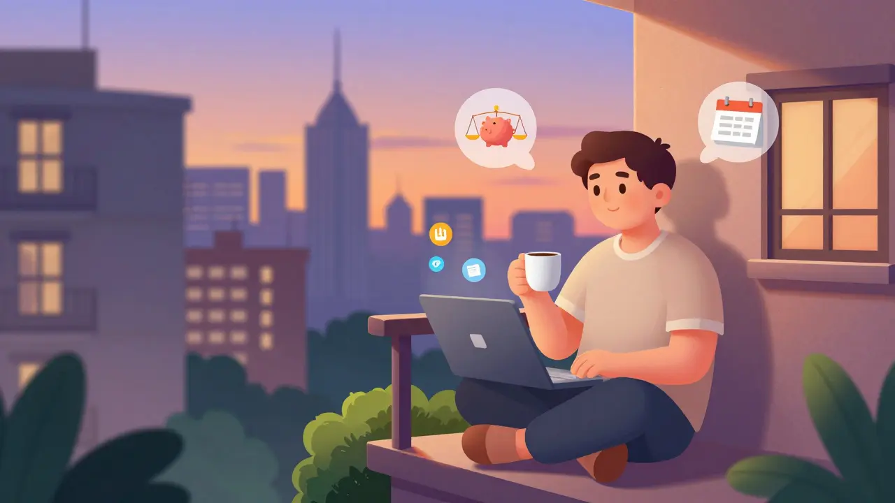 Relaxed homeowner on balcony enjoying financial security after buying apartment