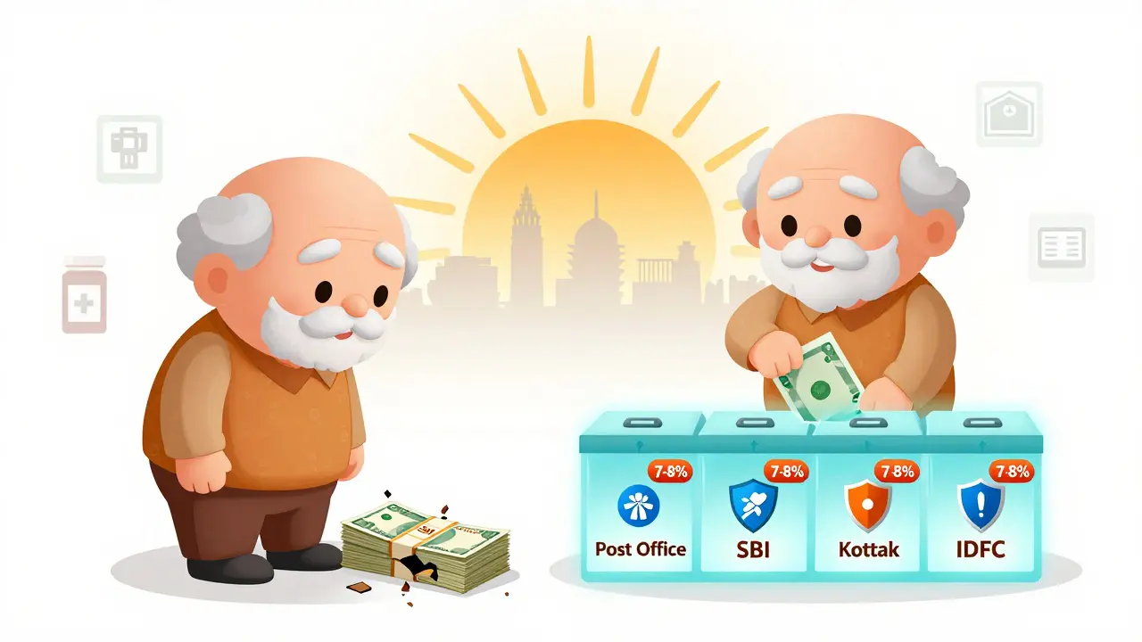 Retiree comparing risky cash at home with secure financial boxes labeled Post Office, SBI, Kotak, and IDFC, under a rising sun.