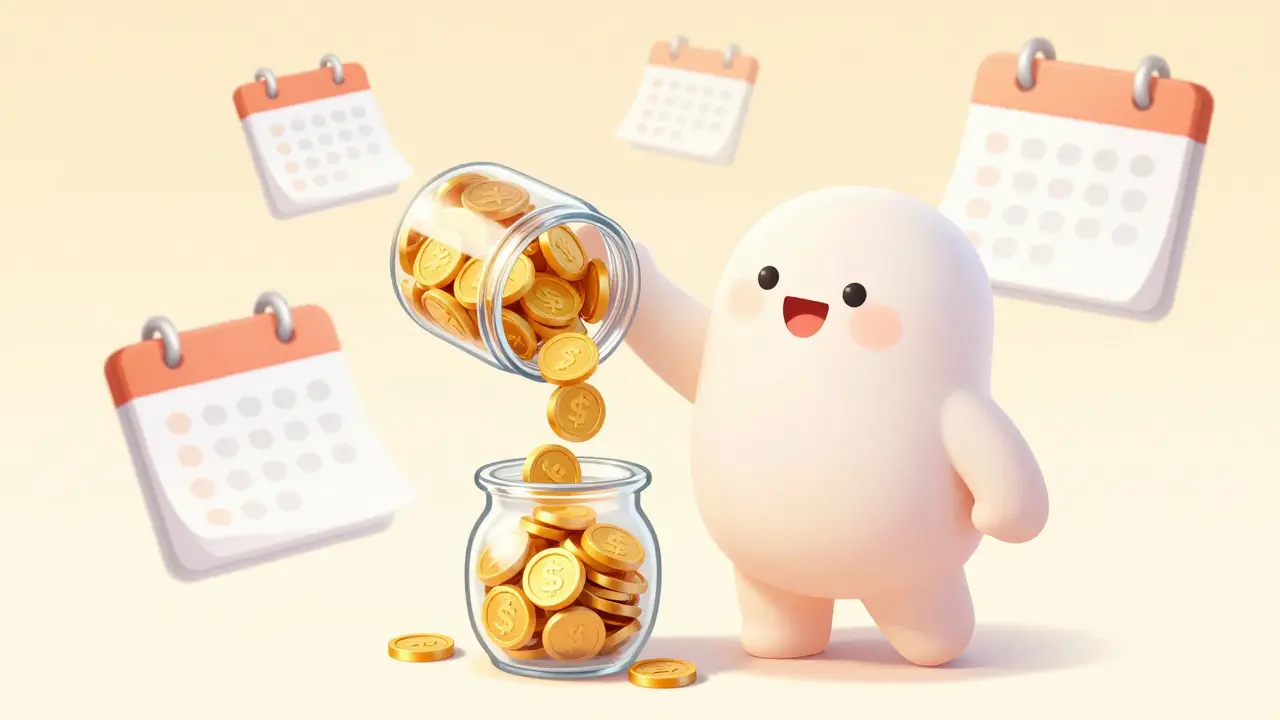 Round character moving gold coins between storage jars for balance.