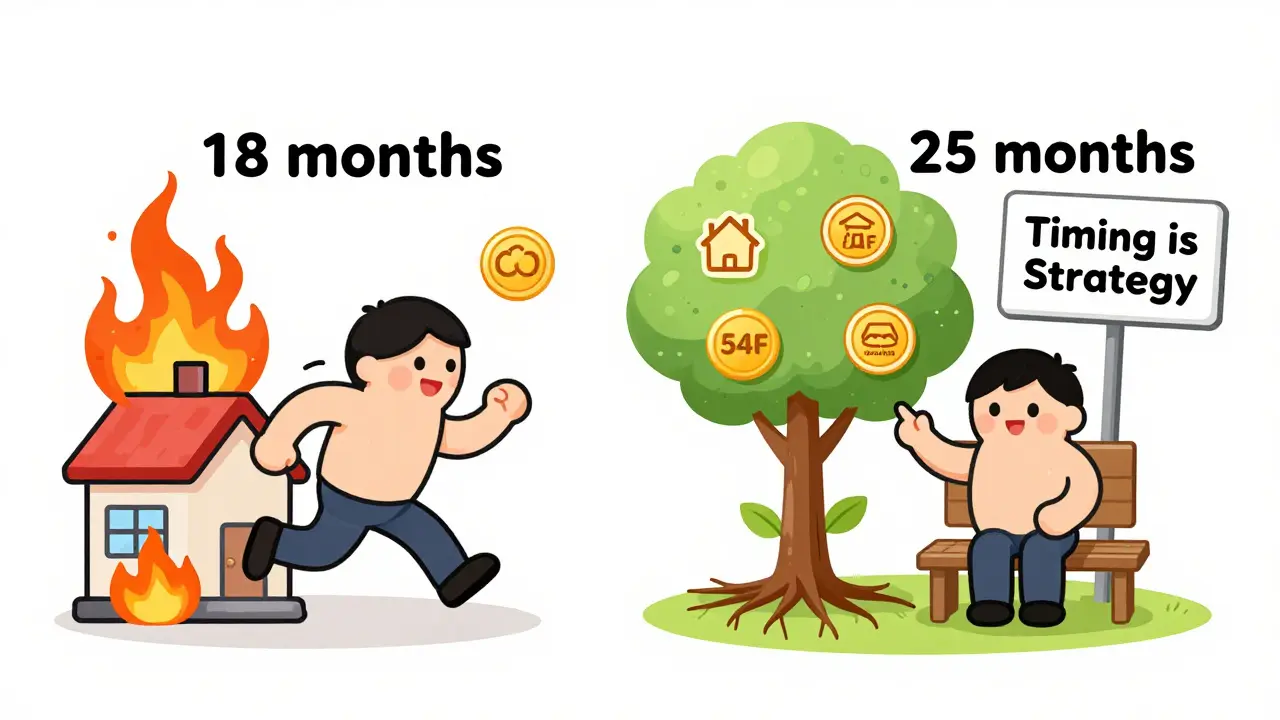 Split scene: one side shows heavy tax loss from early sale, the other shows smart waiting with exemption icons growing like trees.