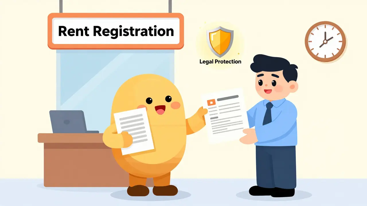 Tenant registering a rent agreement at a government office, receiving a certified document.