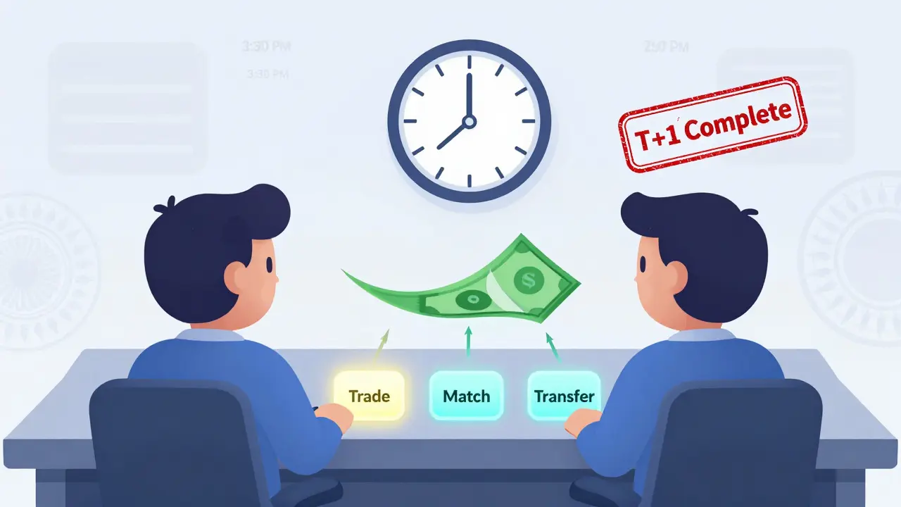 Two animated brokers monitor a system where shares and cash transfer instantly between buyer and seller.