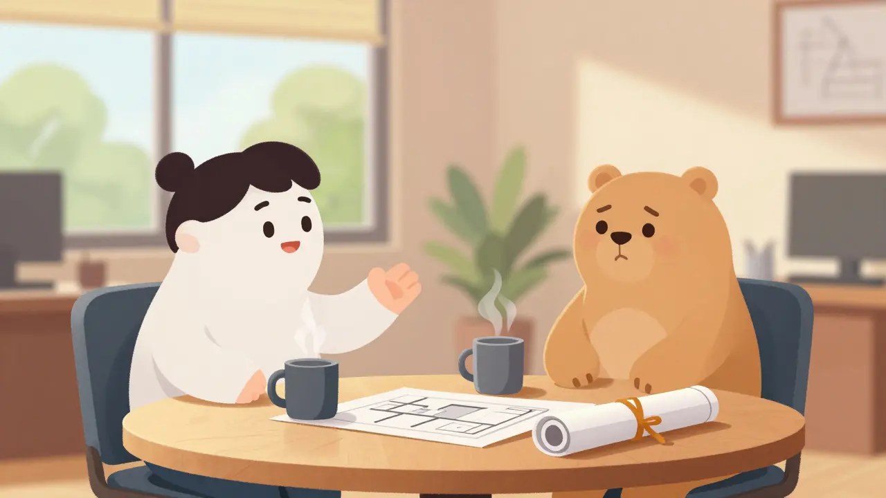 Two cartoon characters negotiating property terms at a desk