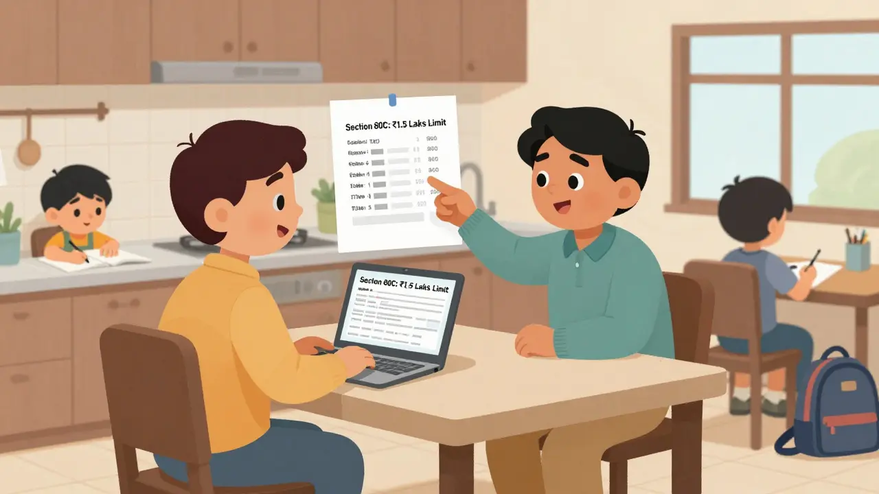 Two parents review tax limits and eligible education expenses at home, with two children present.