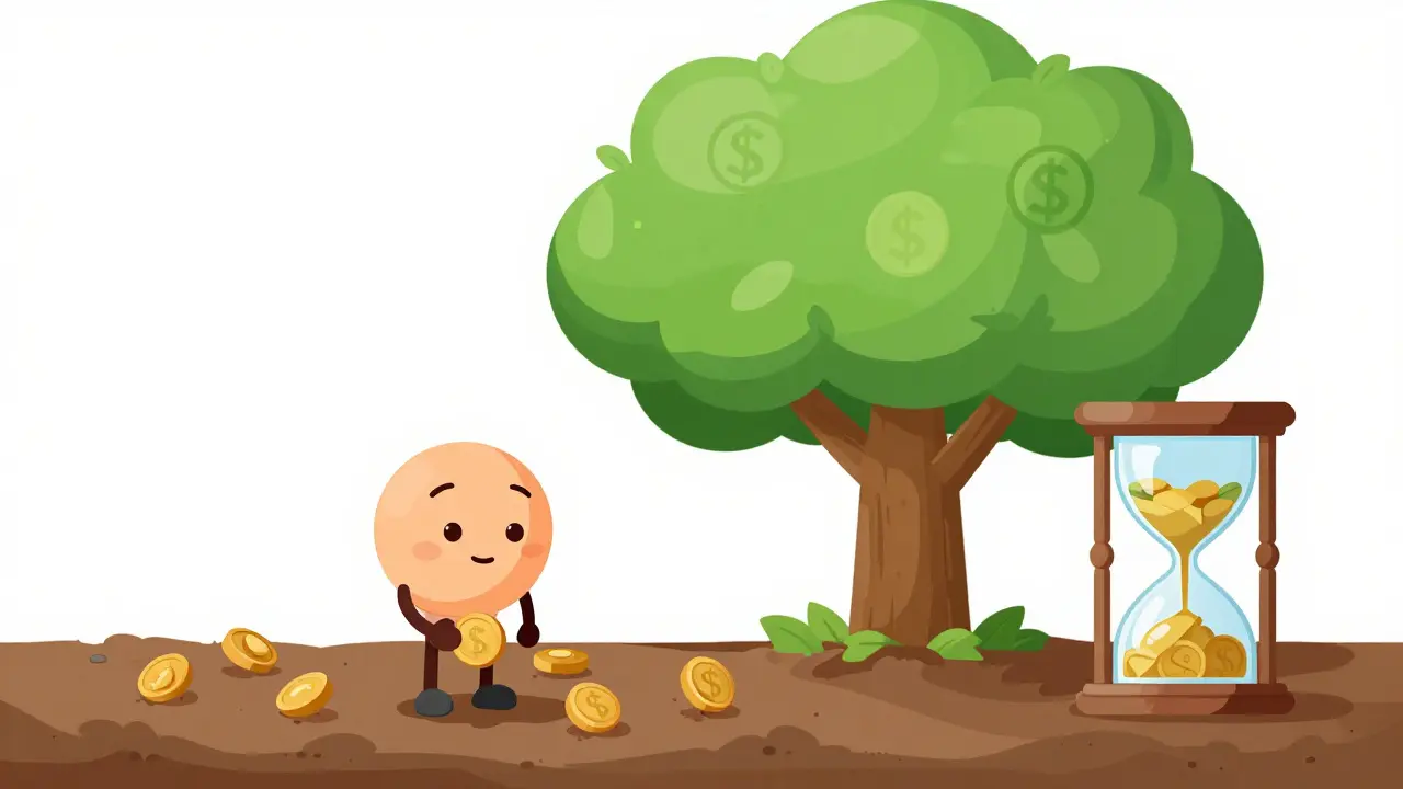 A character planting coins via SIP to grow a large money tree over a three-year period.