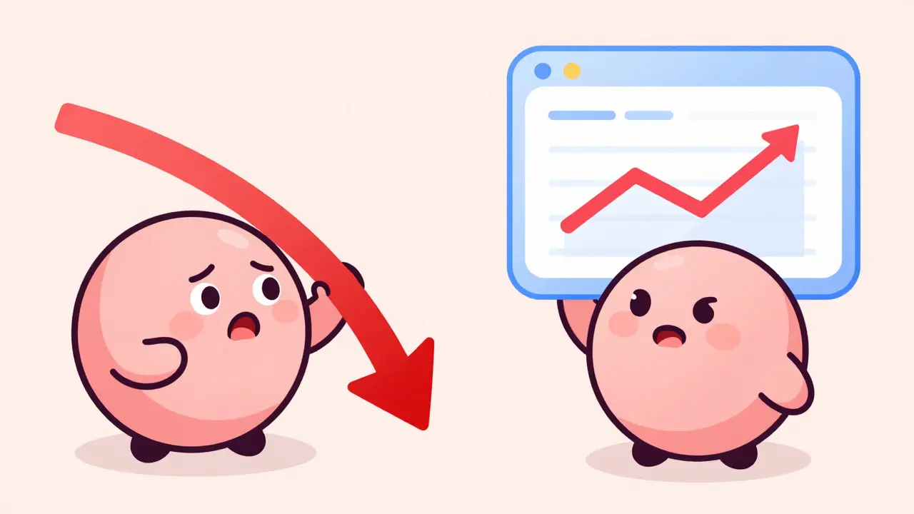 A character reacting to a stock price drop and then realizing they have more shares.