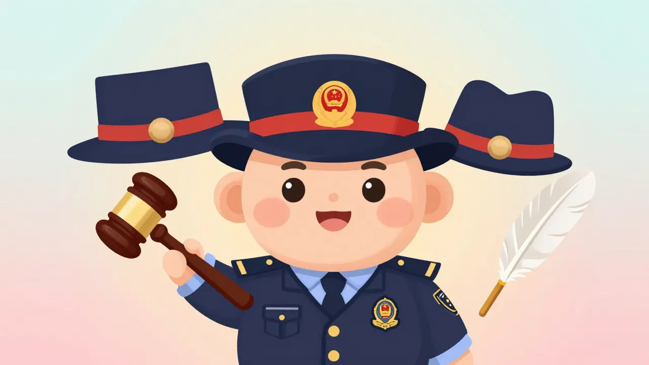 A character wearing a judge's, lawmaker's, and officer's hats to show multiple roles.