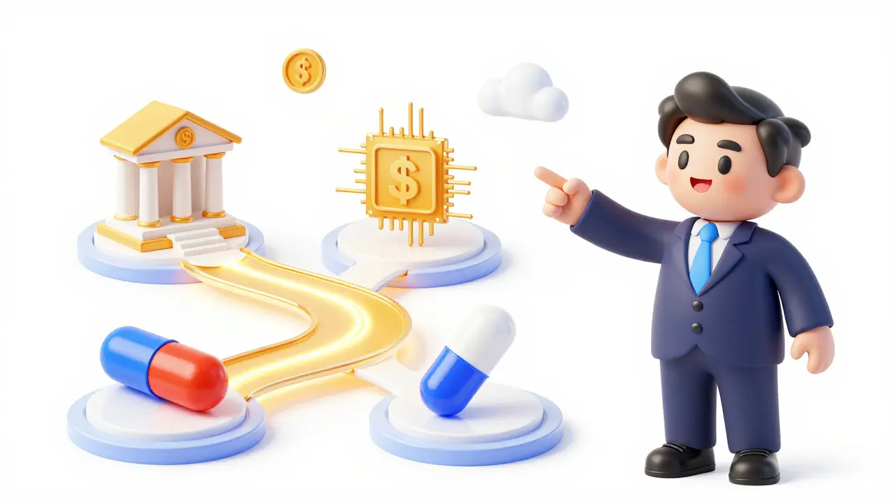 A fund manager presenting a diversified portfolio of banking, tech, and pharma sectors.