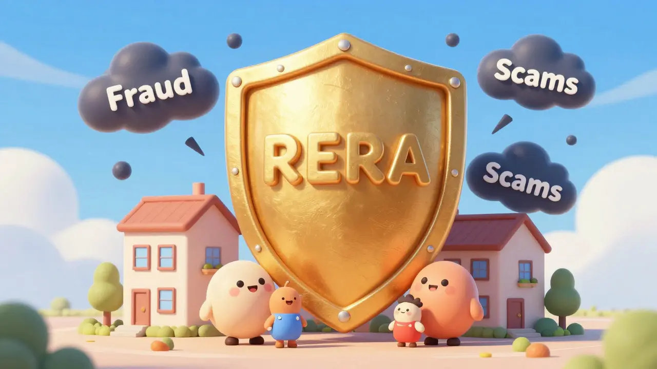 A golden RERA shield protecting a family and their home from fraud clouds