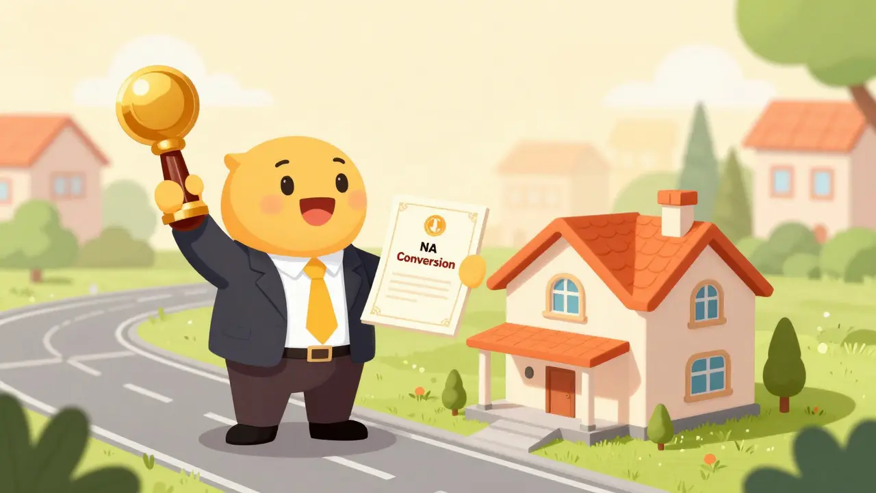 A happy investor with a legal NA conversion certificate as a farm turns into a modern villa