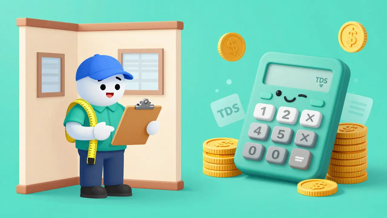 A property valuer examining a home next to symbols of tax and TDS payments