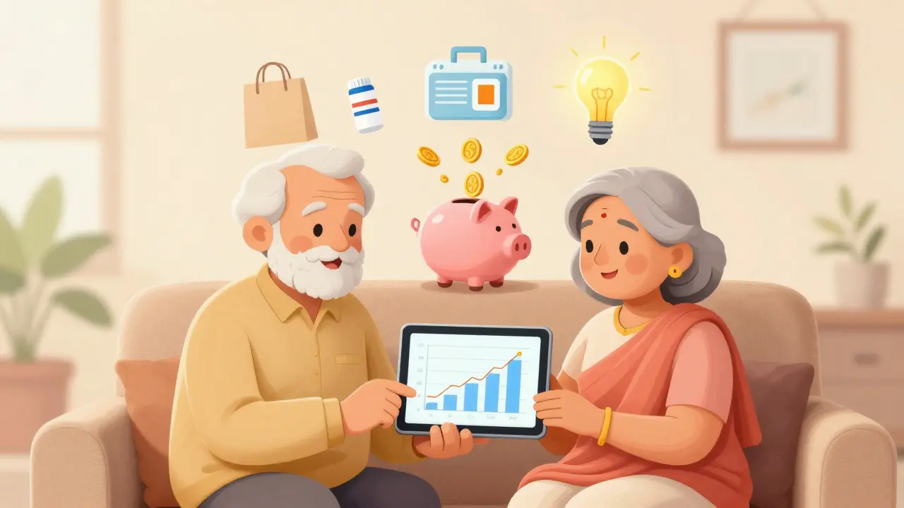 A retired couple feeling secure as their monthly expenses are covered by pension payments.