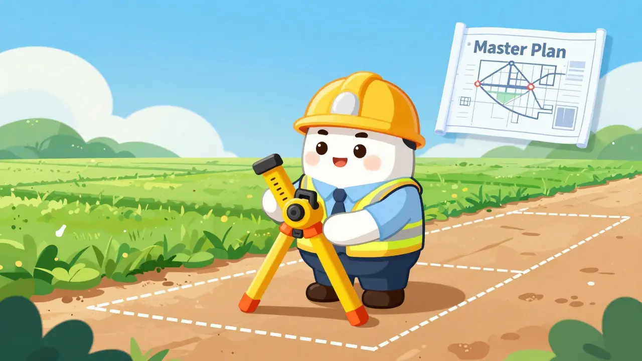 A rounded character surveyor measuring a plot of land with a floating urban master plan