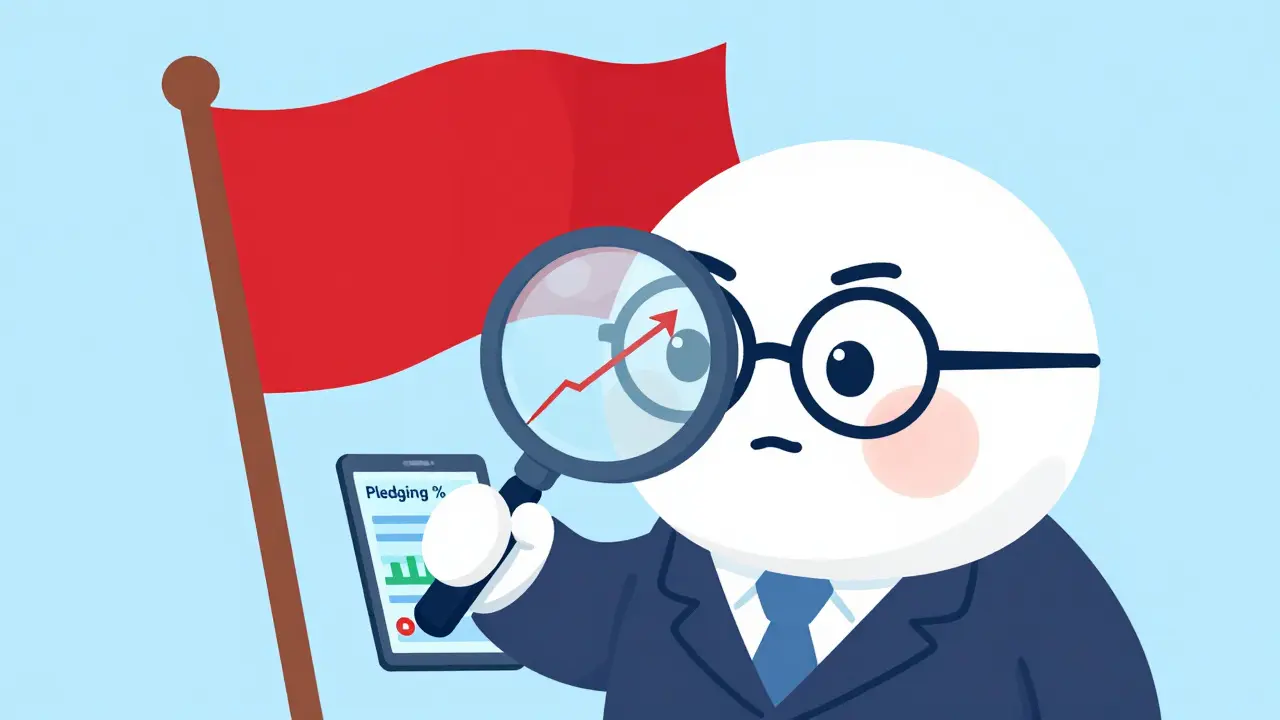 An investor using a magnifying glass to spot increasing promoter pledging on a tablet.