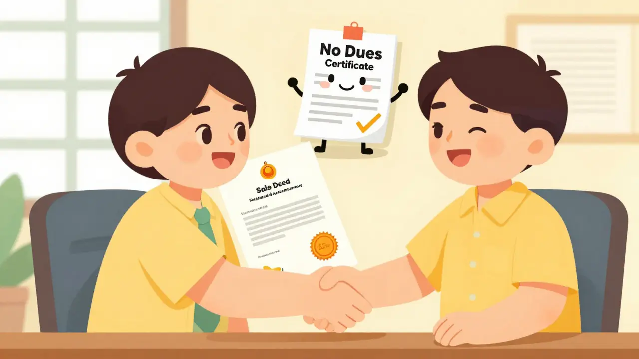 Buyer and seller shaking hands over a signed sale deed at a registration office