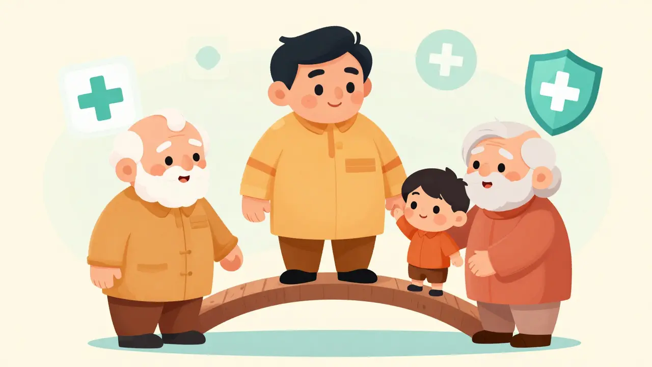 Cartoon of a man supporting his parents and child with protective health icons.
