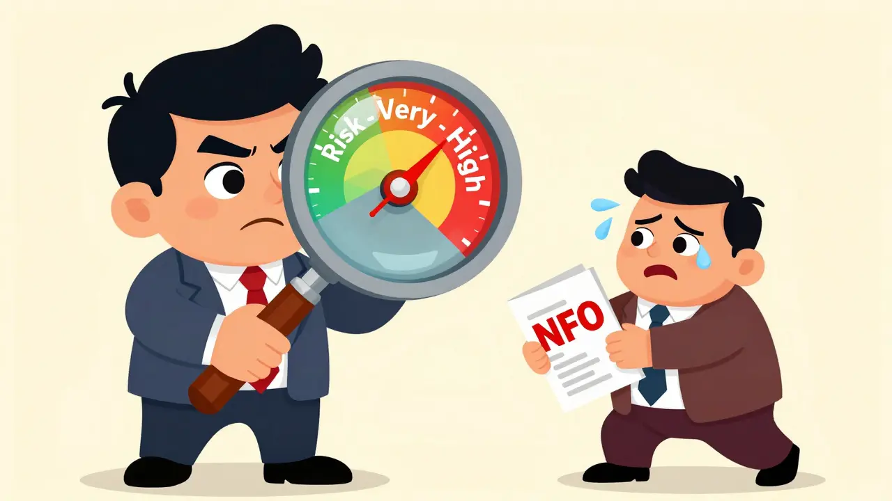 Cartoon of an investor using a magnifying glass to check a high-risk fund gauge