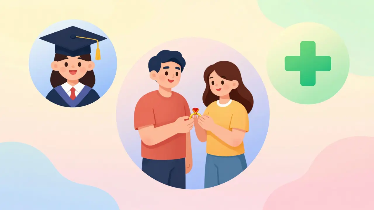 Character surrounded by bubbles showing school, wedding, and health.