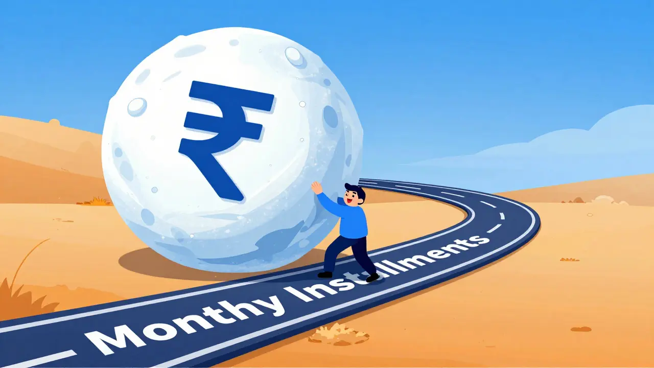 Cheerful person pushing a large rupee snowball to crush a long road of monthly loan payments